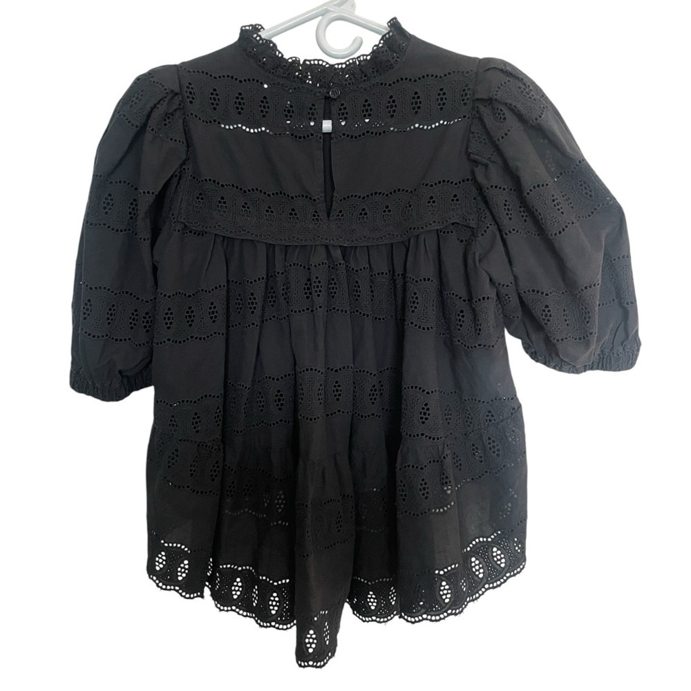 Anthropologie Othilia Idina Black Babydoll Ruffle gothicPuff Sleeve Eyelet Top S - Picture 4 of 8